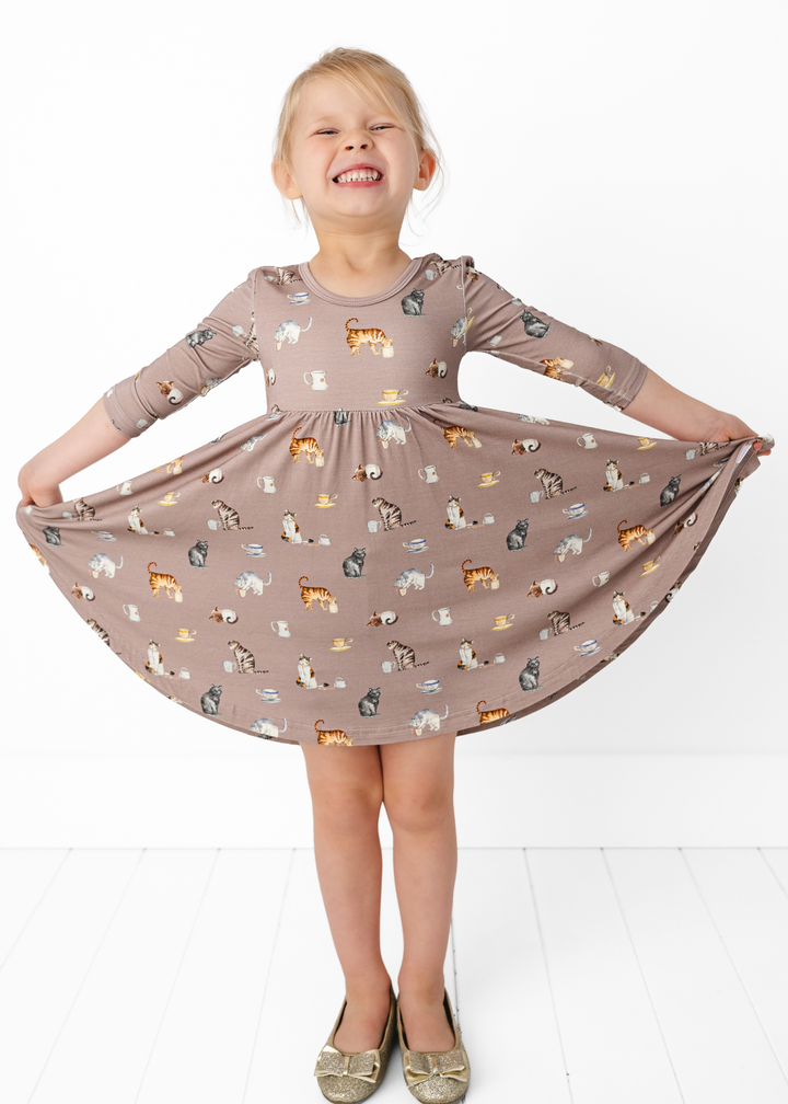Cats and Coffee Long Sleeve Bamboo Twirl Dress