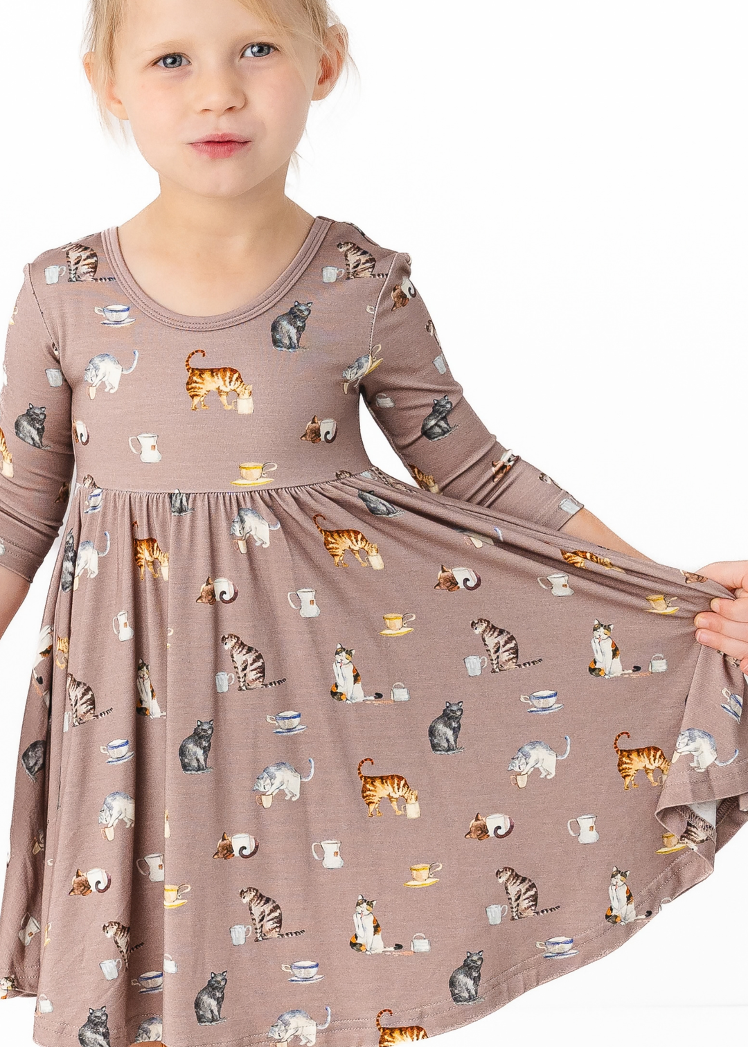 Cats and Coffee Long Sleeve Bamboo Twirl Dress