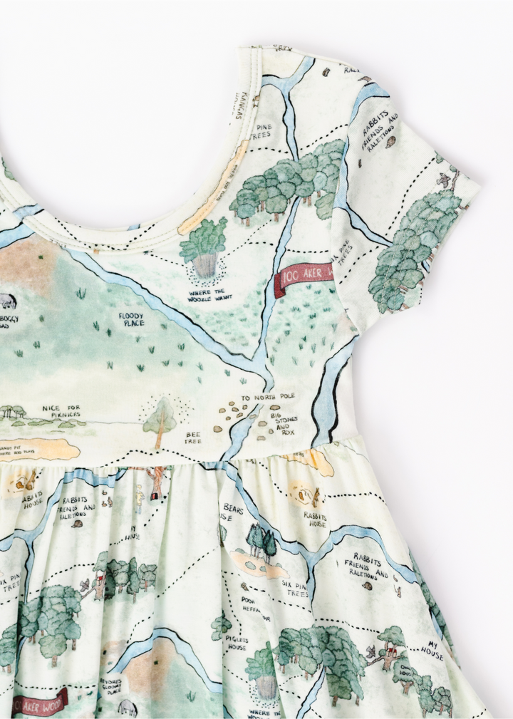 Hundred Acre Woods long sleeve twirl dress. Winnie the Pooh map themed long sleeve twirl dress close up.