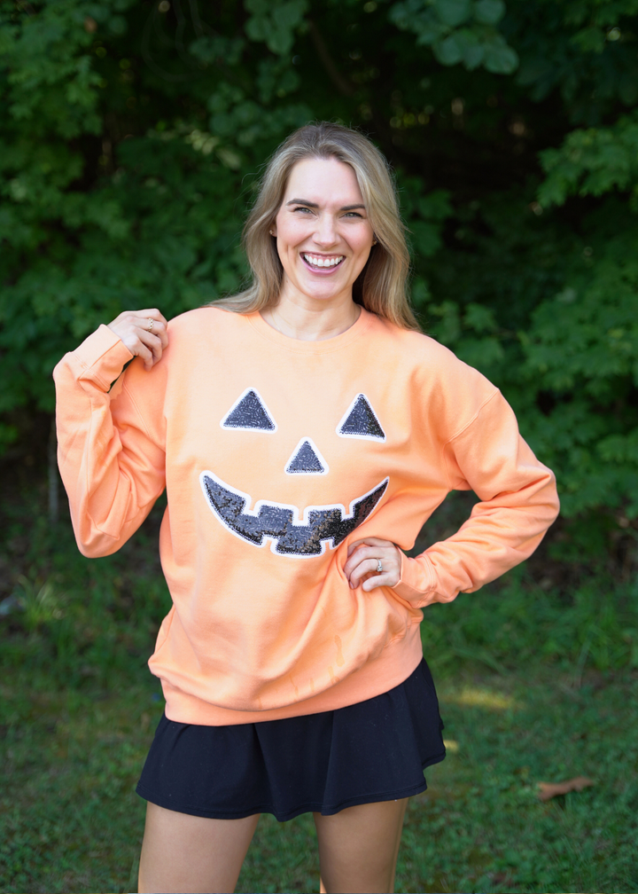 Jack-O-Lantern Sequined Pumpkin Crewneck Sweatshirt