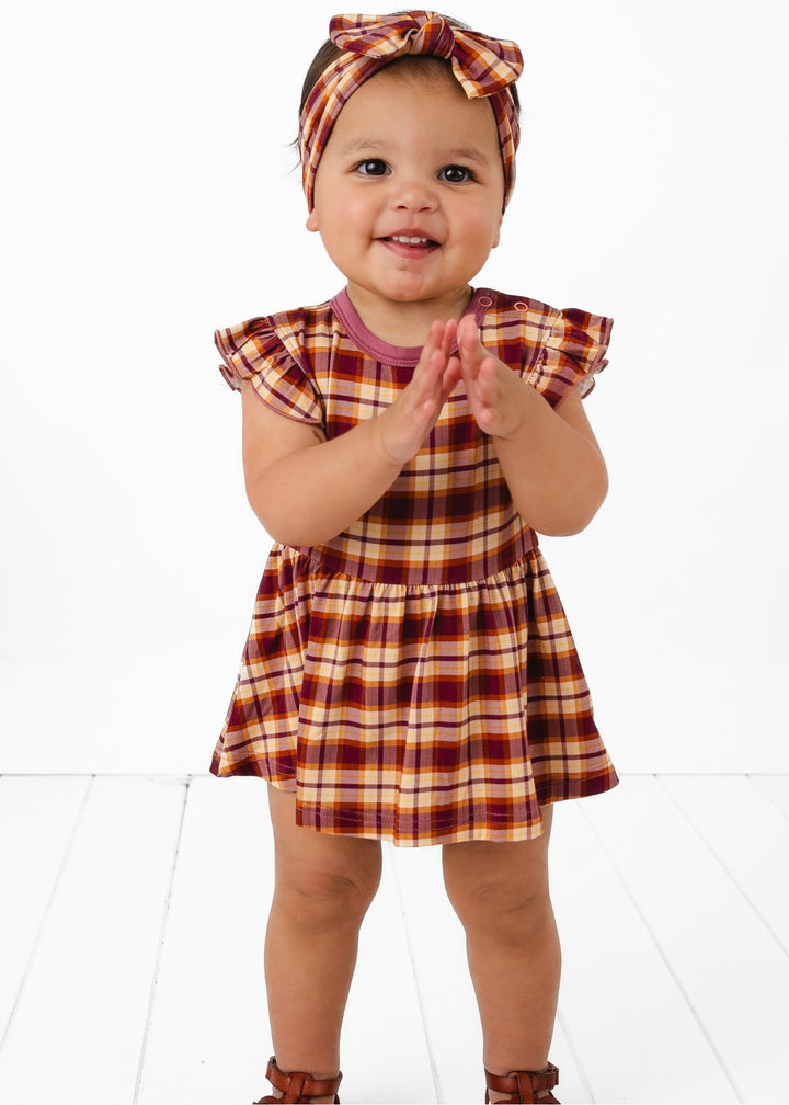 Purple Fall Plaid Baby Flutter Dress