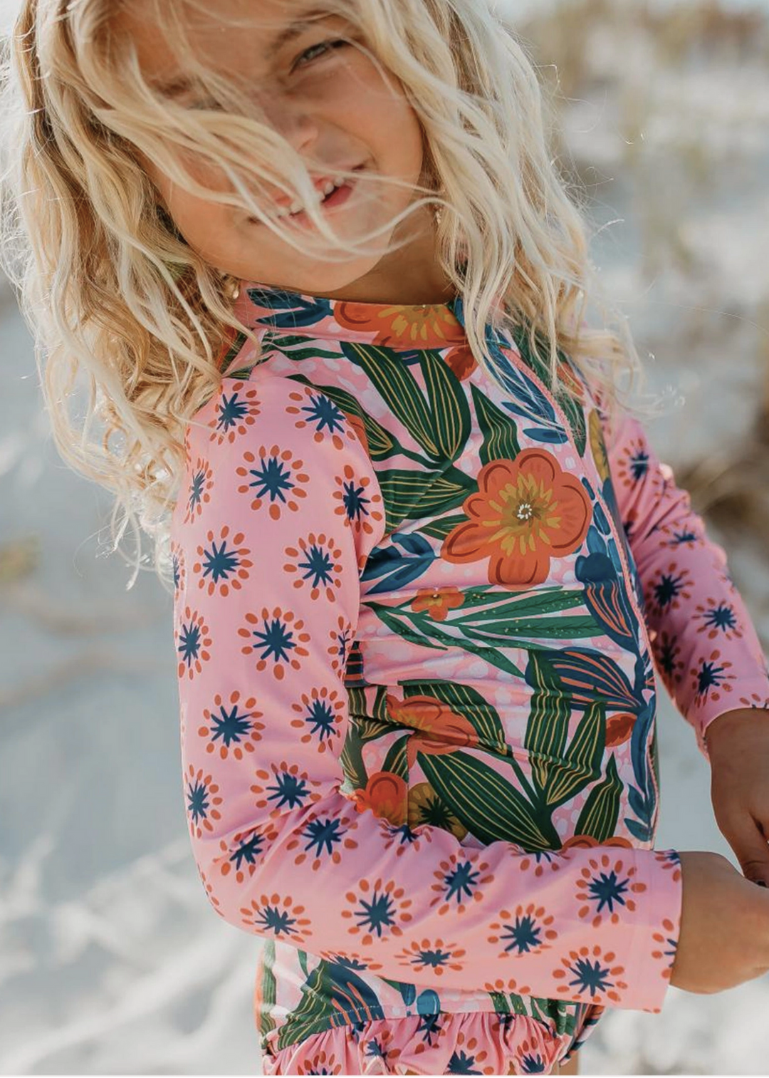 Kids Pink Tropical Zip Rash Guard One Piece Swimsuit