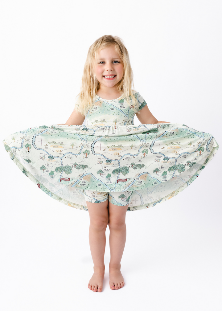 Hundred Acre Woods long sleeve twirl dress. Winnie the Pooh map themed long sleeve twirl dress and matching shorts.