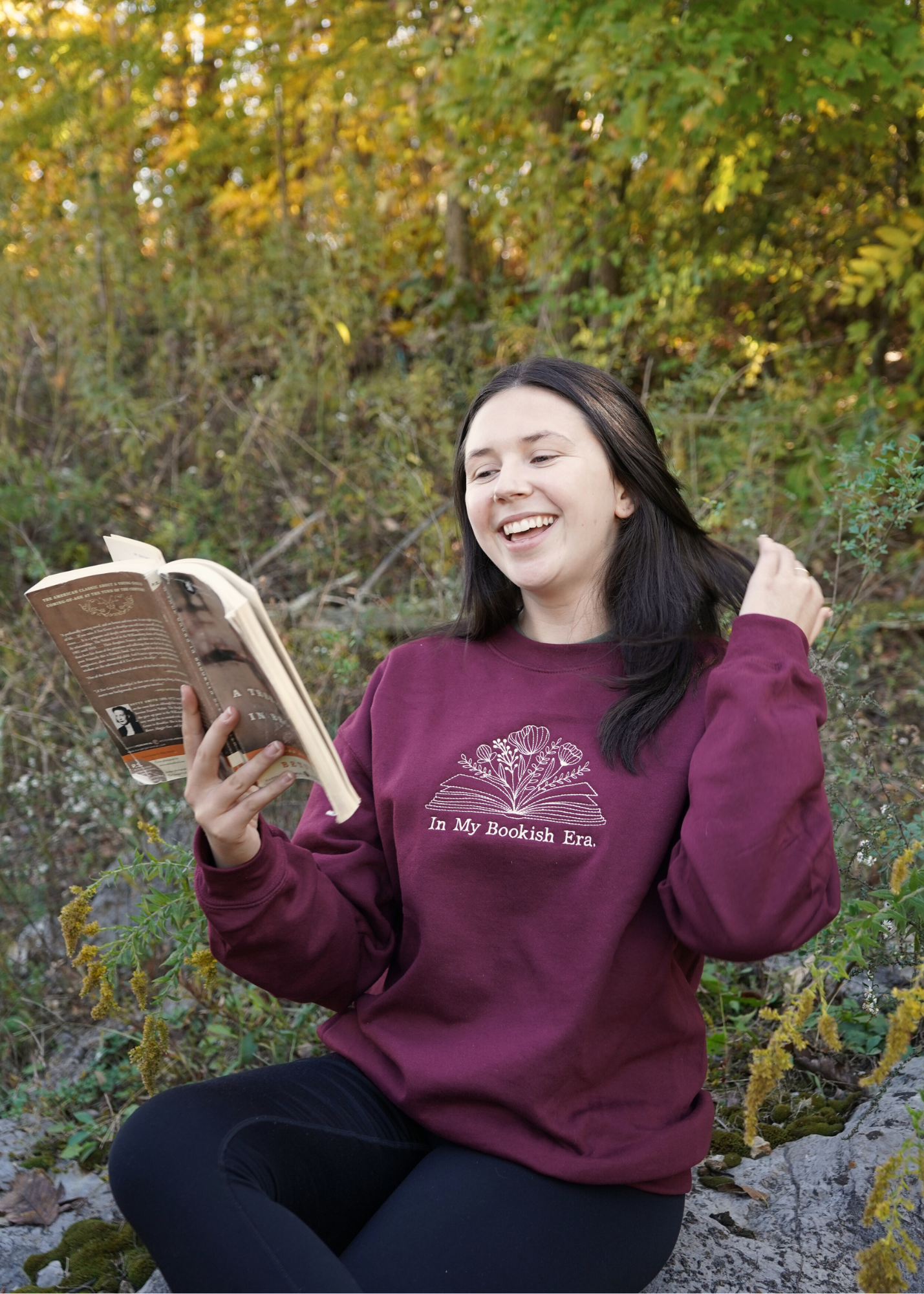 IN MY BOOKISH ERA Embroidered Maroon Crewneck Sweatshirt