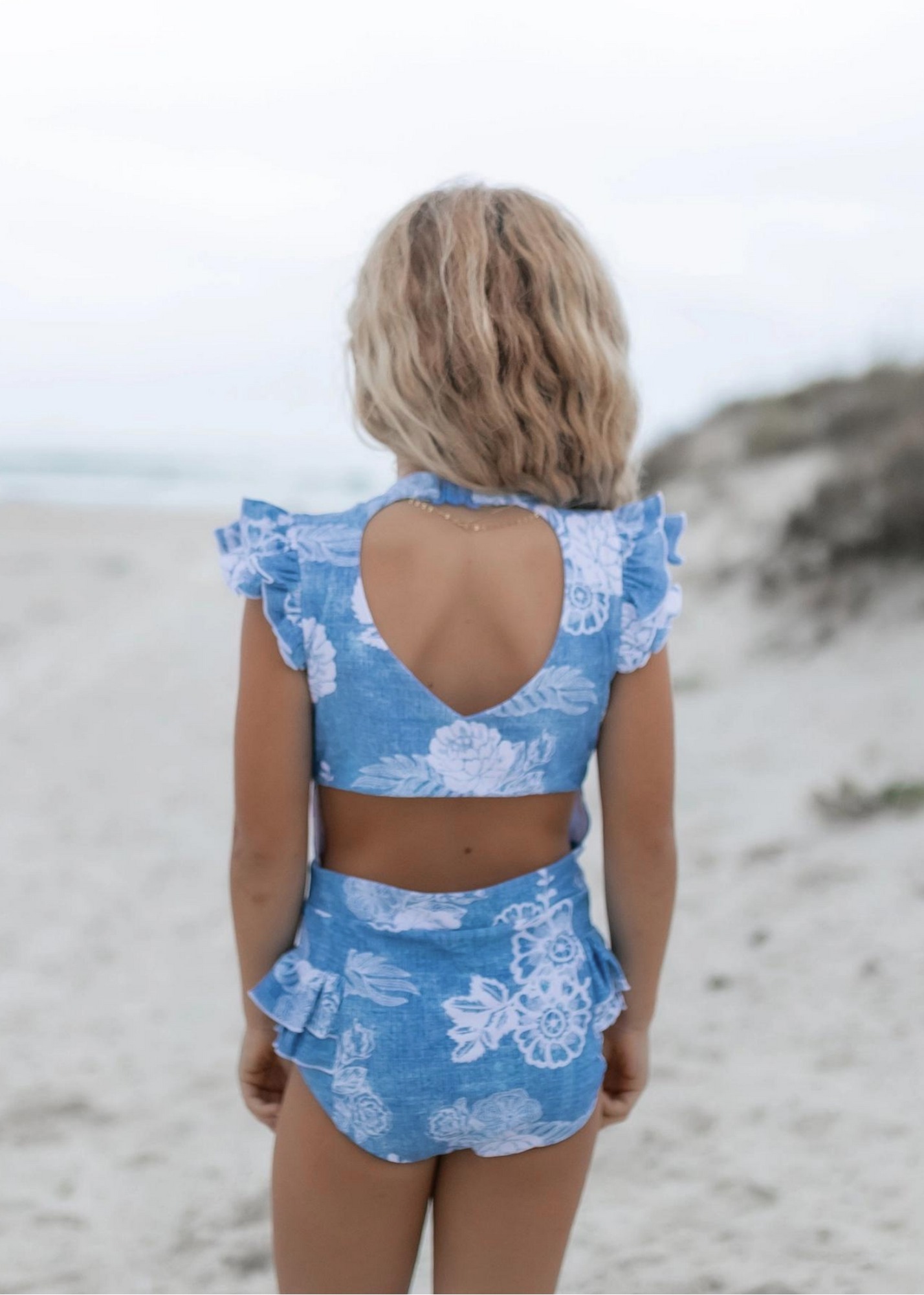 Blue Floral Open Back One Piece Ruffle Swimsuit
