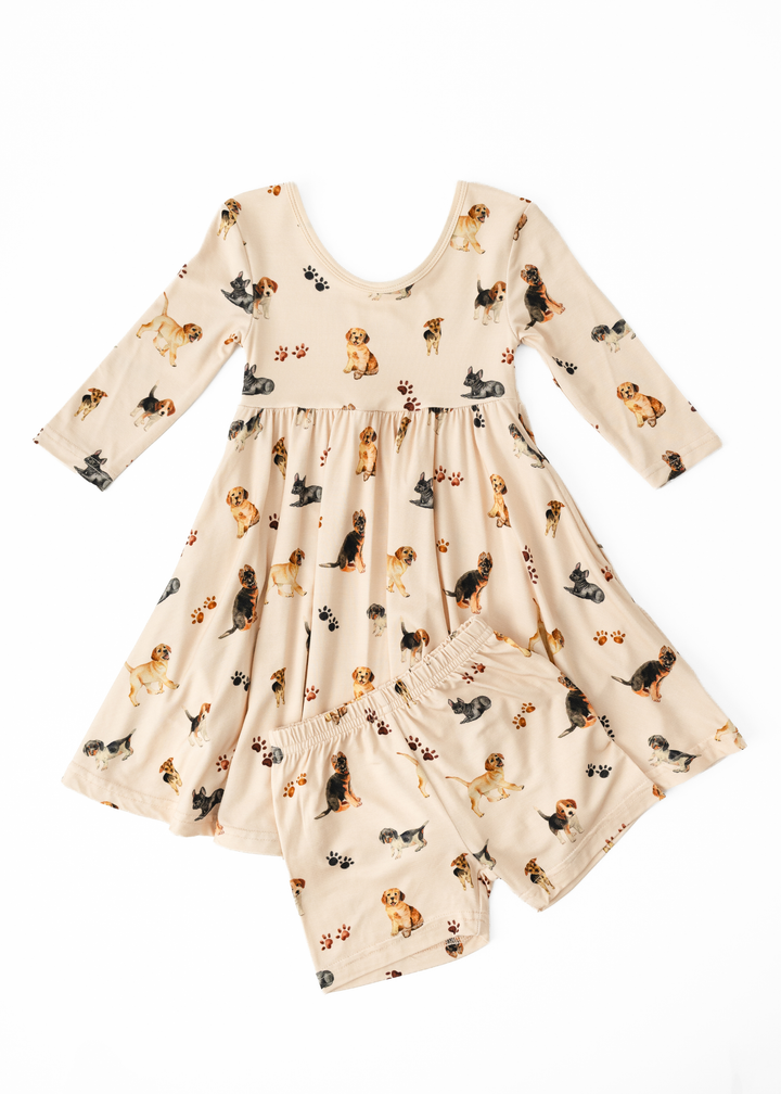 Puppies and Paw Prints Long Sleeve Bamboo Twirl Dress