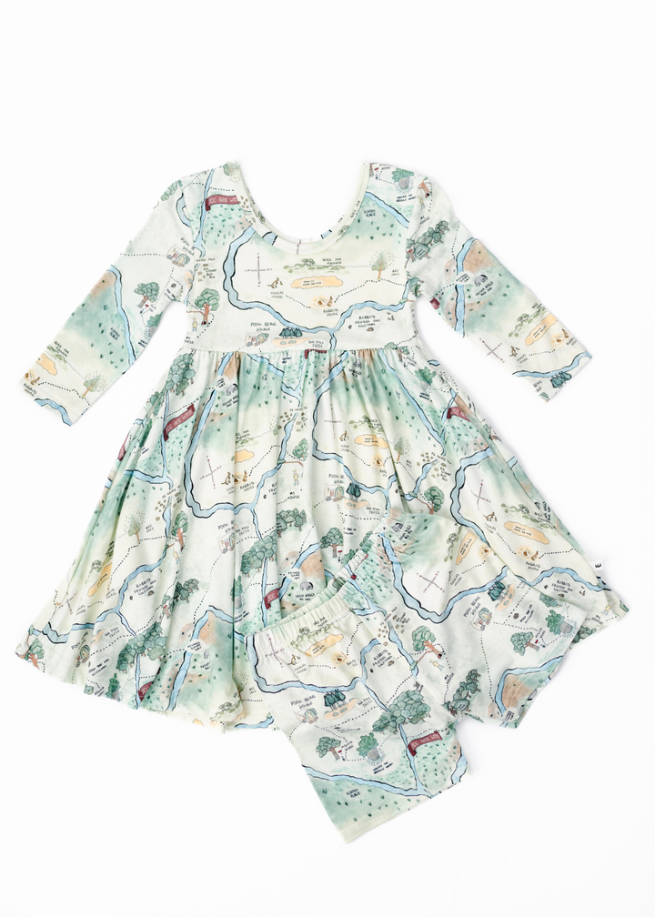 Hundred Acre Woods Winnie the Pooh map design long sleeve twirl dress with matching shorts layflat.