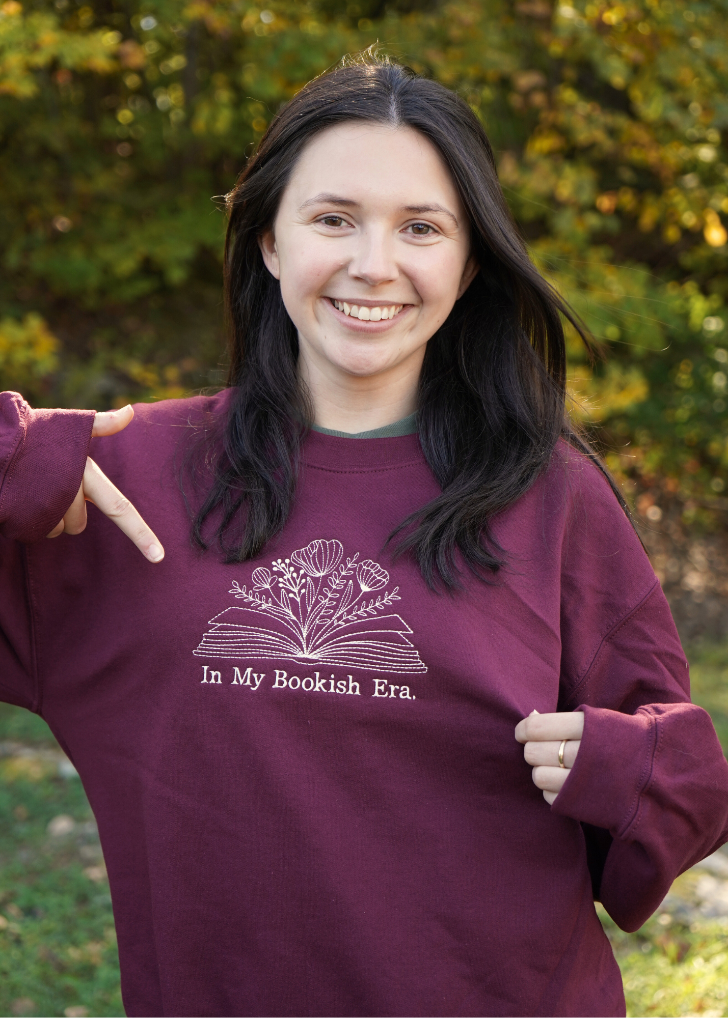 IN MY BOOKISH ERA Embroidered Maroon Crewneck Sweatshirt