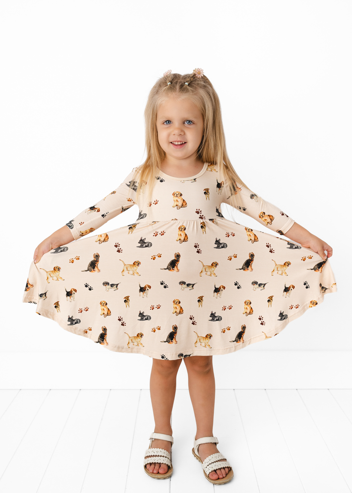 Puppies and Paw Prints Long Sleeve Bamboo Twirl Dress