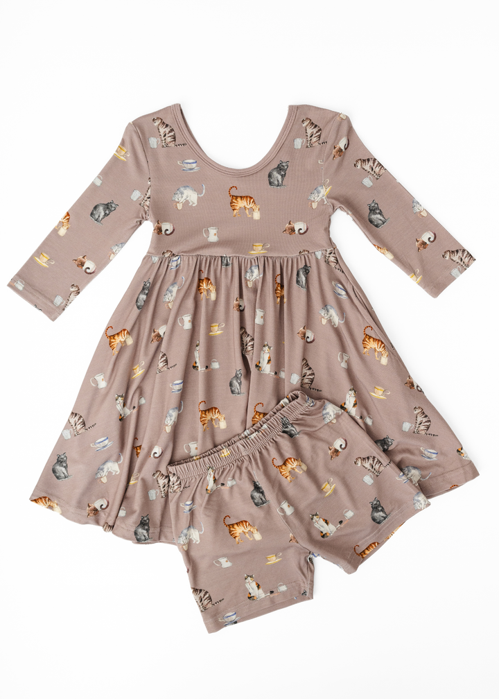 Cats and Coffee Long Sleeve Bamboo Twirl Dress