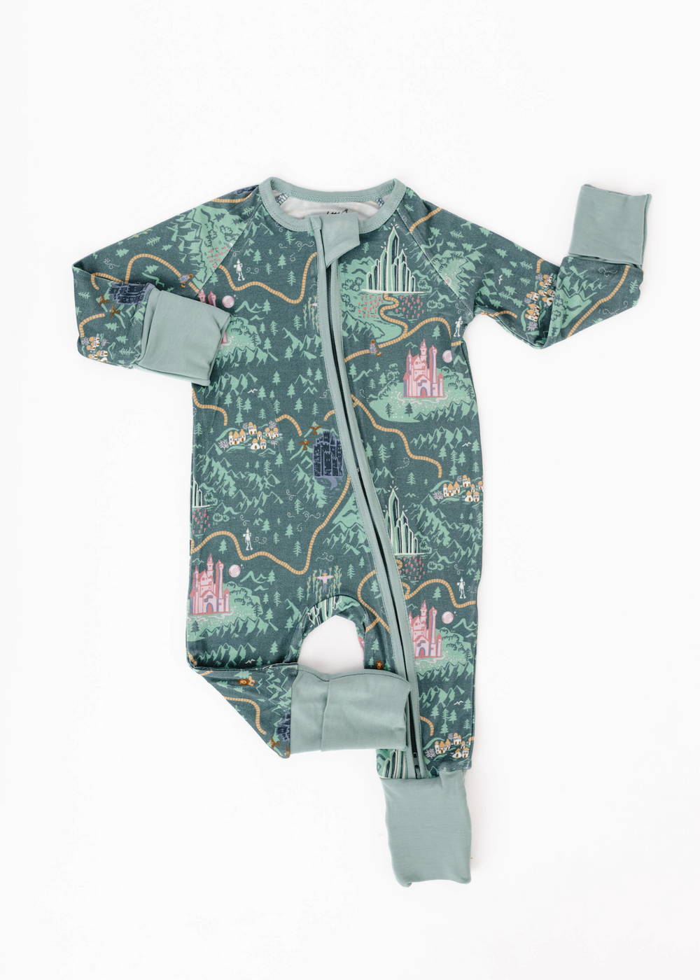 A long-sleeved baby sleeper with a green background featuring characters and elements from the Wizard of Oz.