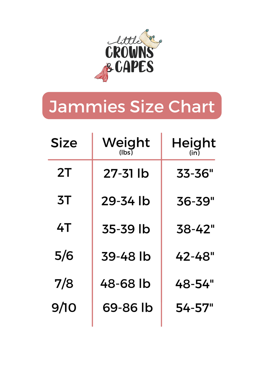 Two piece pajama size chart for kids and babies