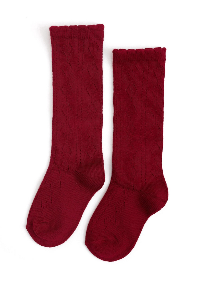 Crimson Red Scalloped Fancy Knee High Socks