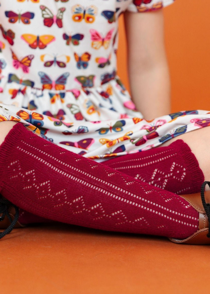 Crimson Red Scalloped Fancy Knee High Socks