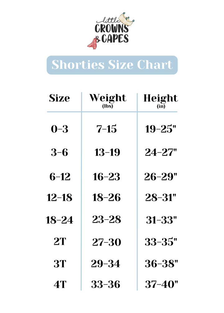 A detailed size chart for our bamboo shortie rompers.