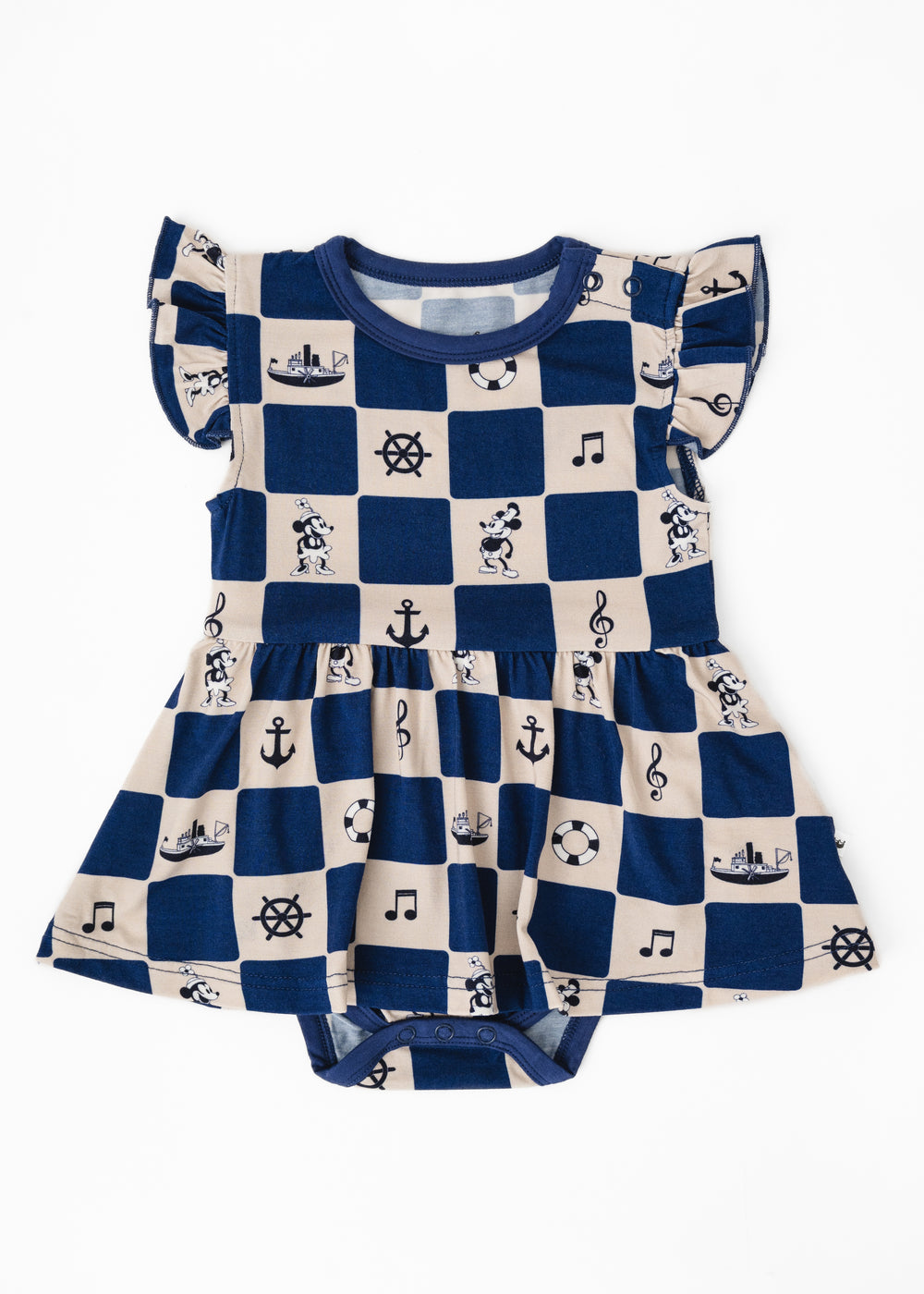 Children's dress with steamboat willie featured. 