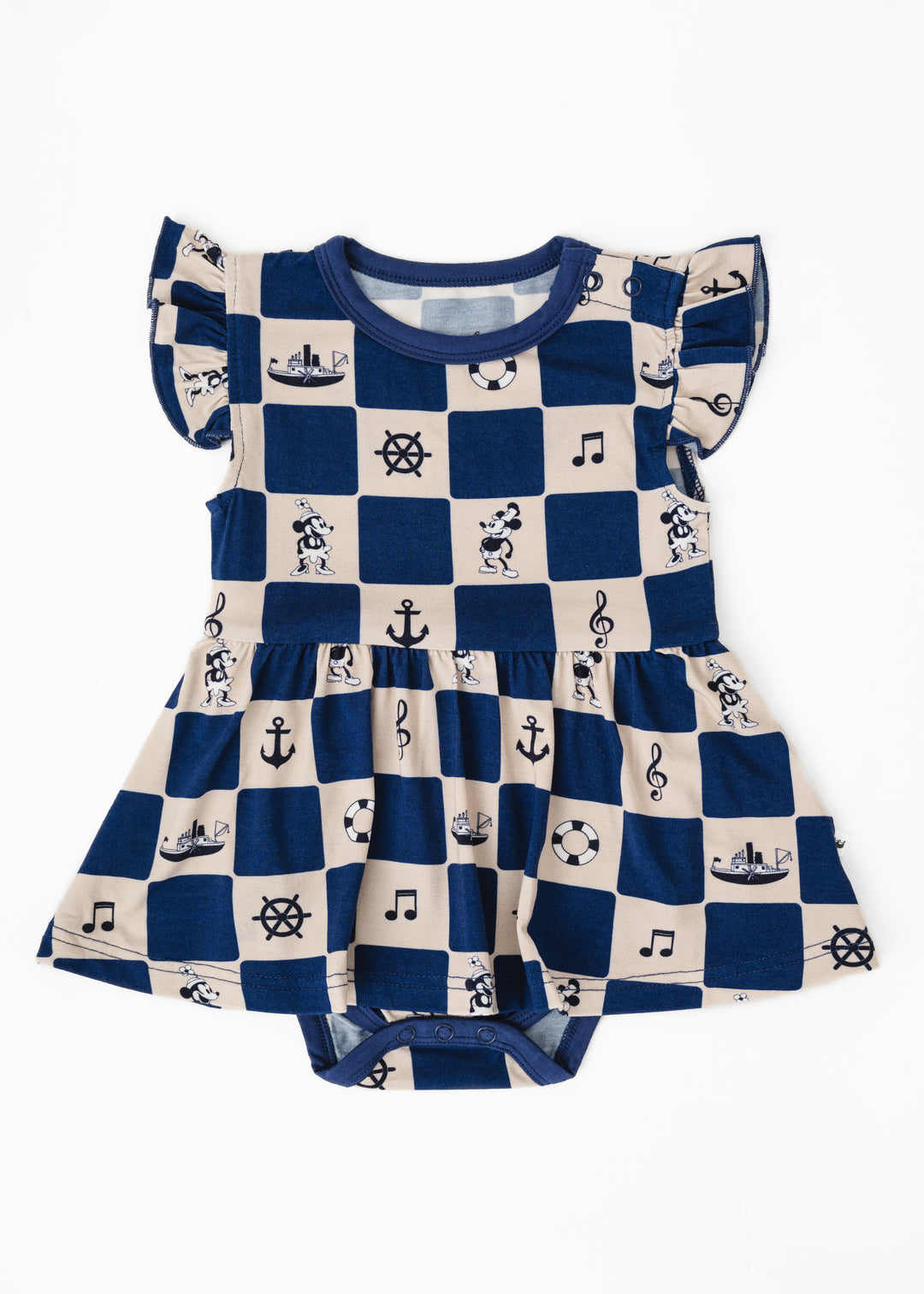 Children's dress with steamboat willie featured. 