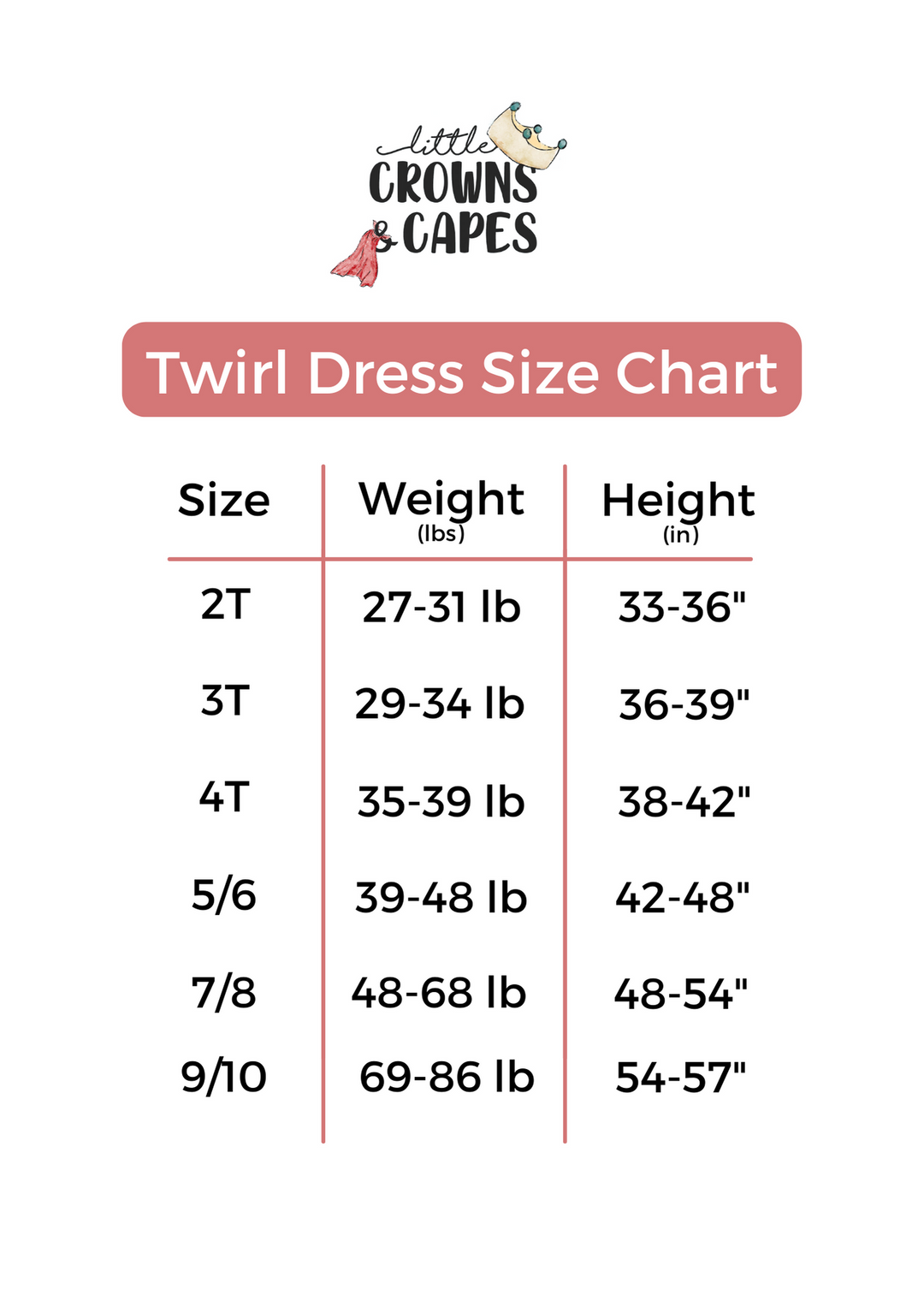 Twirl dress with matching biker shorts size chart for girls.