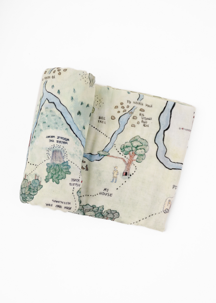 Hundred Acre Woods swaddle. Winnie the Pooh map themed swaddle blanket layflat. 