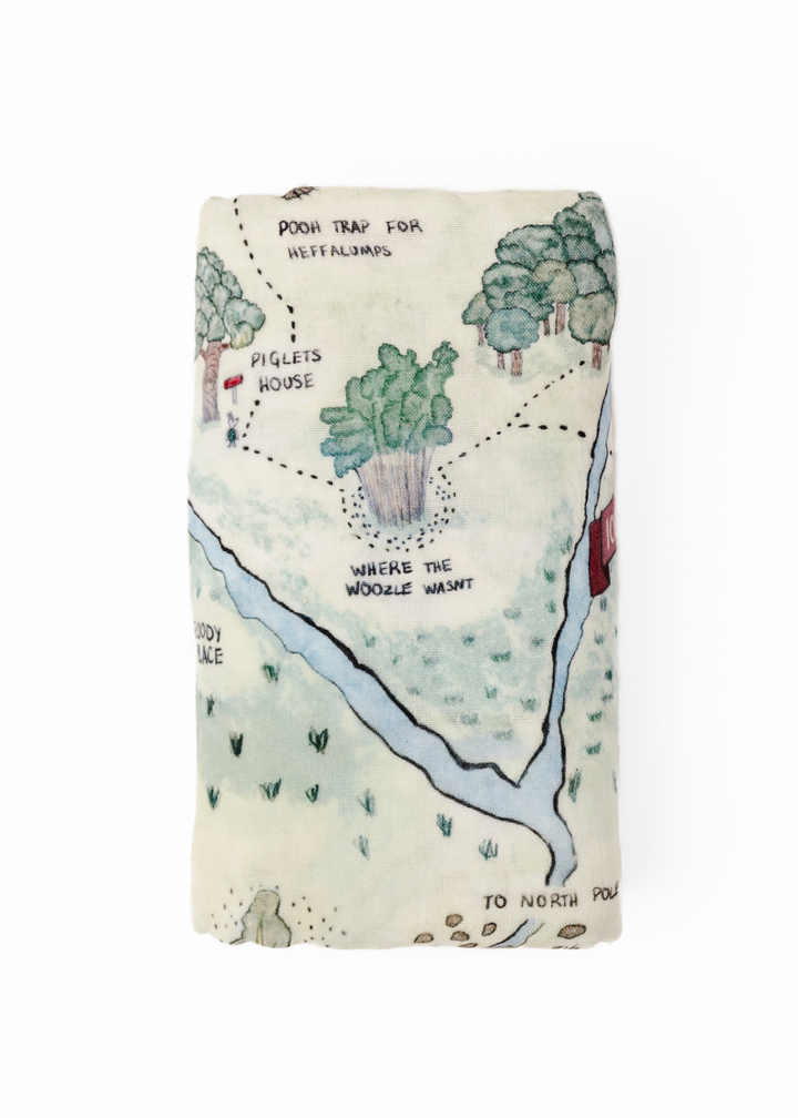 Hundred Acre Woods swaddle back. Winnie the Pooh map themed swaddle blanket layflat back. 