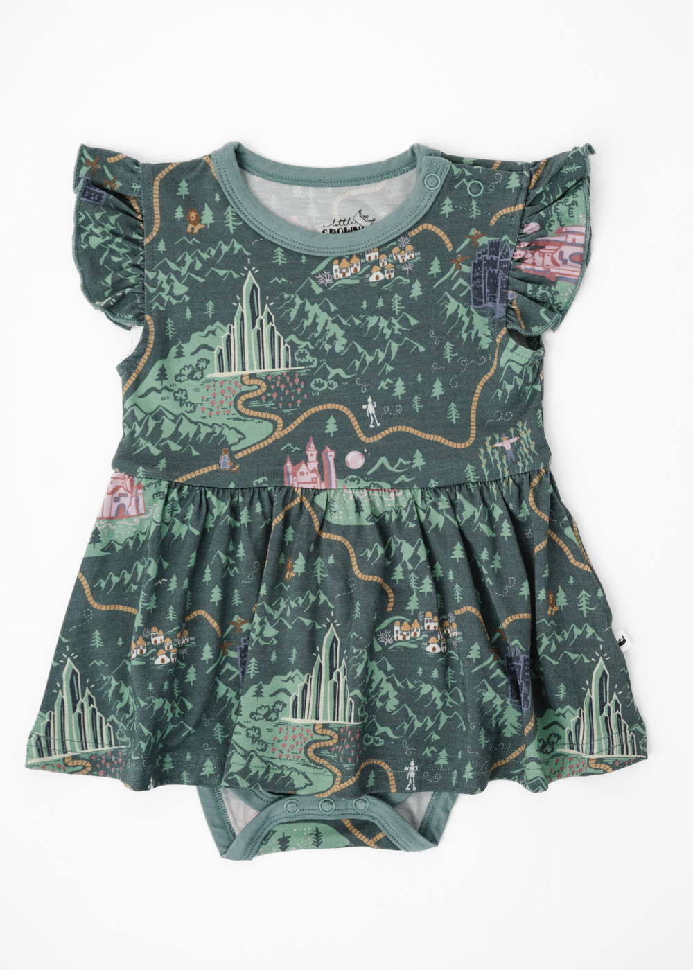 Emerald City design on a short sleeve baby dress. Wizard of Oz inspired design with a yellow brick road and a deep green background. 