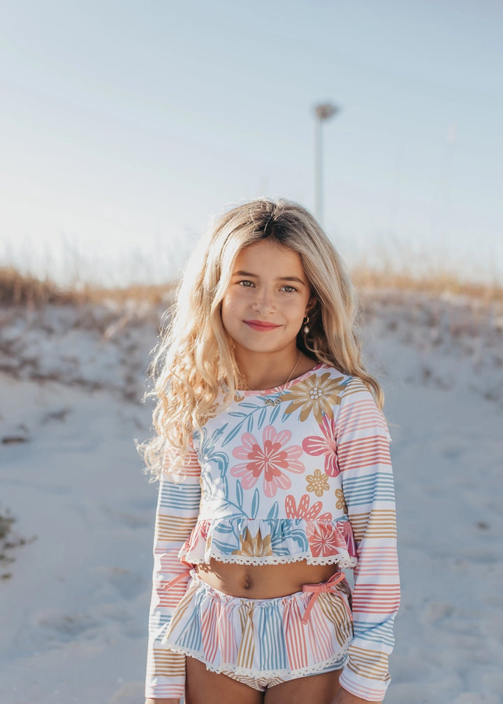 Kids Pink Stripe Floral Long Sleeve Rash Guard Swimsuit