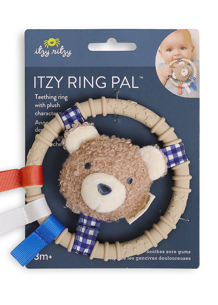 Itzy Ritzy Itzy Ring Pal teething ring with plush bear character on packaging