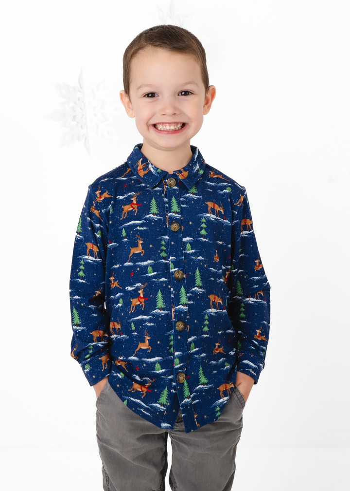*PREORDER* Reindeer Christmas Bamboo Button Down Long Sleeve Shirt