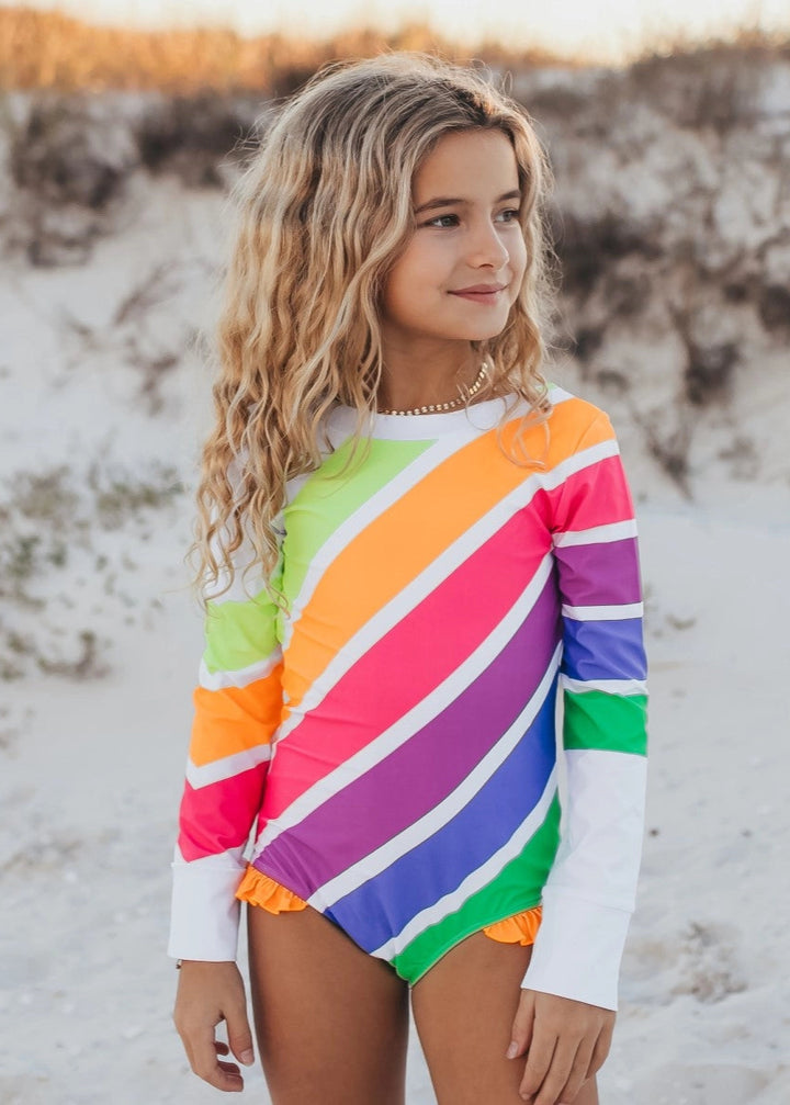 Kids Bright Neon Stripe Zip Rash Guard One Piece Swimsuit