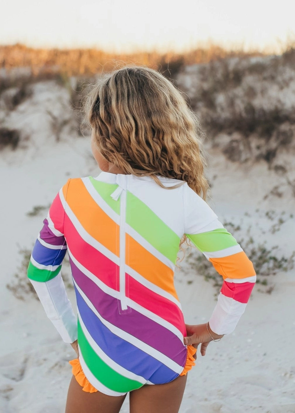 Kids Bright Neon Stripe Zip Rash Guard One Piece Swimsuit