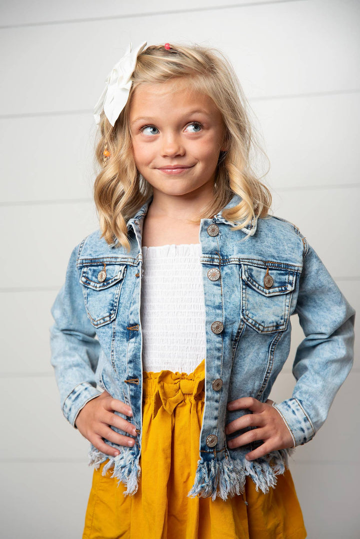 Girls Light Wash Faded Denim Fringe Winter Button Jacket