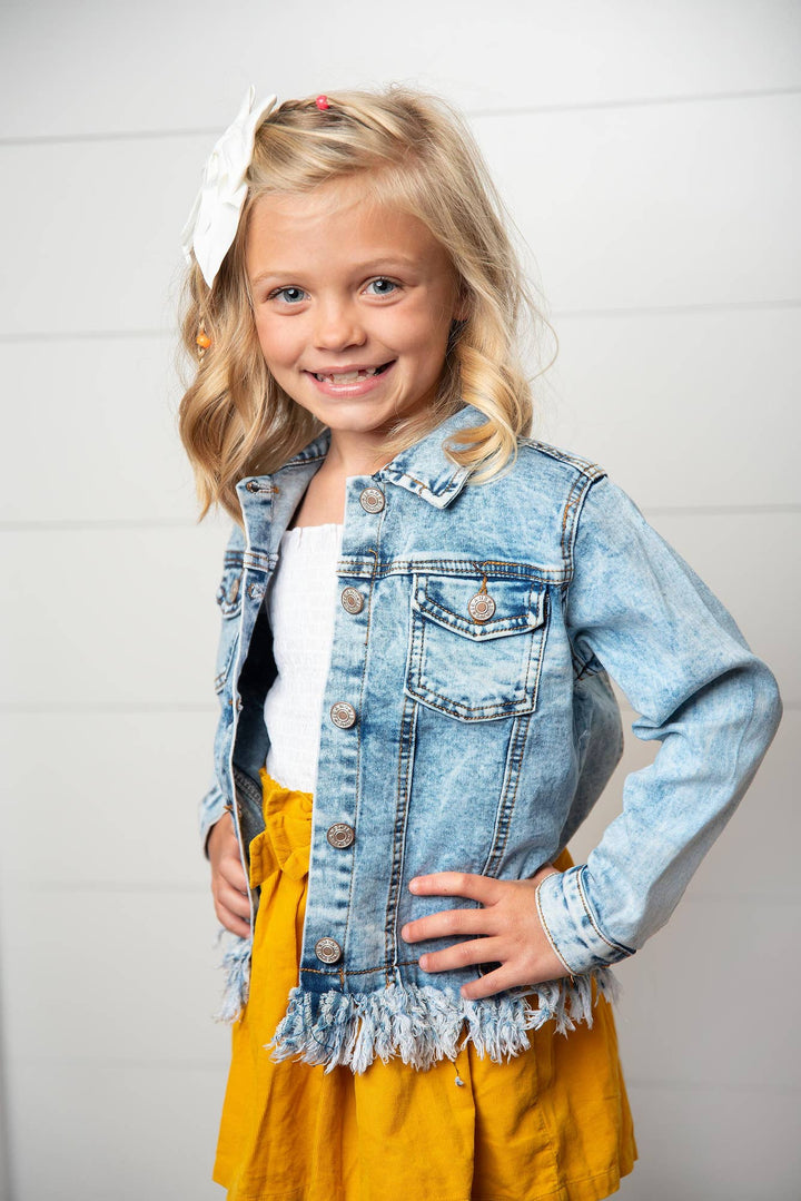 Girls Light Wash Faded Denim Fringe Winter Button Jacket