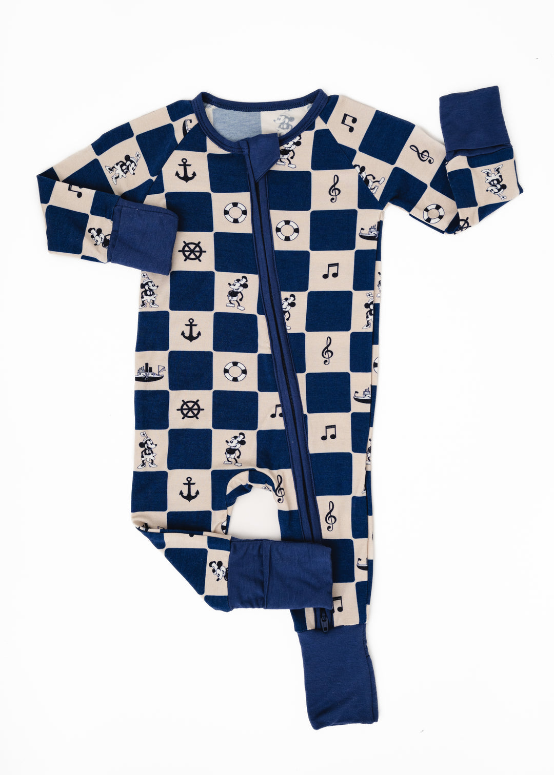 Children's onesie with blue and white pattern of Steamboat Willie and nautical items on a white background. Made for babies. One piece zippered sleeper made for little ones.