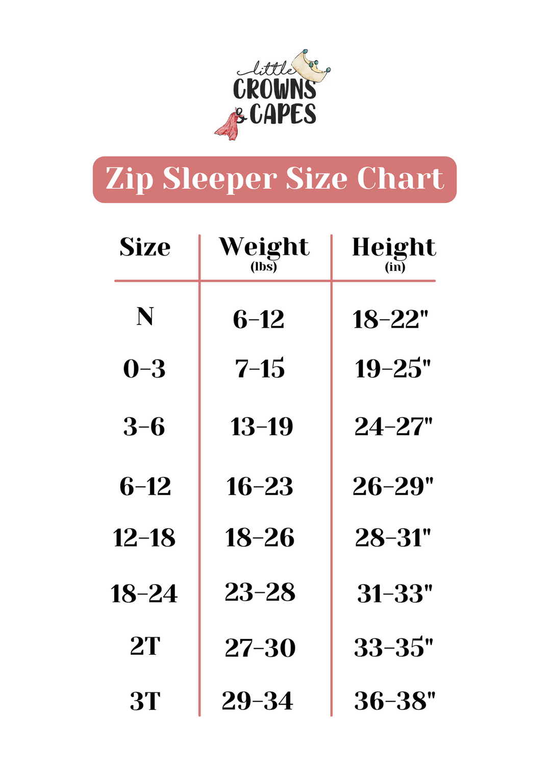 Bamboo zippered sleeper size chart. Bamboo baby zip sleeper size chart for Little Crowns and Capes.