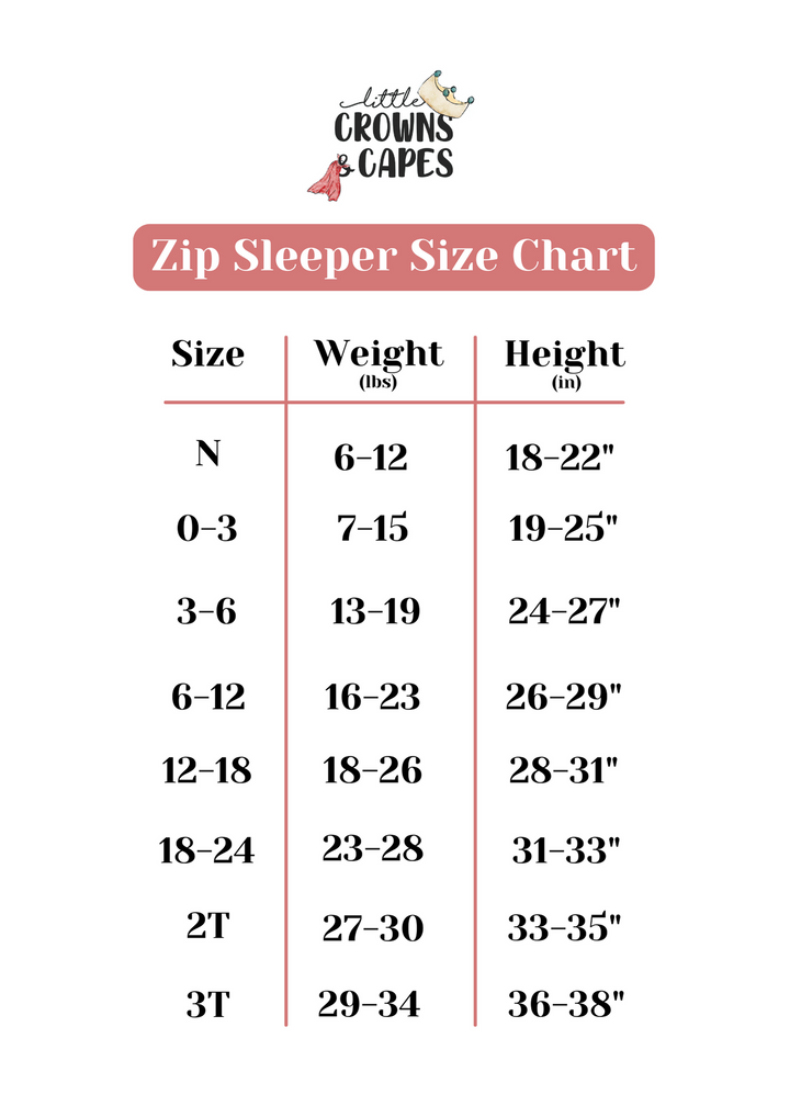 Bamboo zippered sleeper size chart. Bamboo baby zip sleeper size chart for Little Crowns and Capes.
